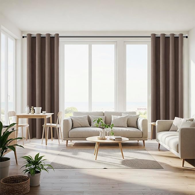 ChrisDowa 100% Blackout Brown Solid Curtains 120 Inches Long 2 Panels for Bedroom Living Room,Farmhouse Room Darkening Thermal Insulated Soundproof Grommet Top Window Treatment Drapes,52x120