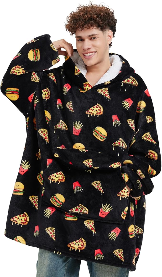 Wearable Blanket Hoodie for Adult,Oversized Sherpa Fleece Blanket Hoodie for Women Men,Hamburger Pizza