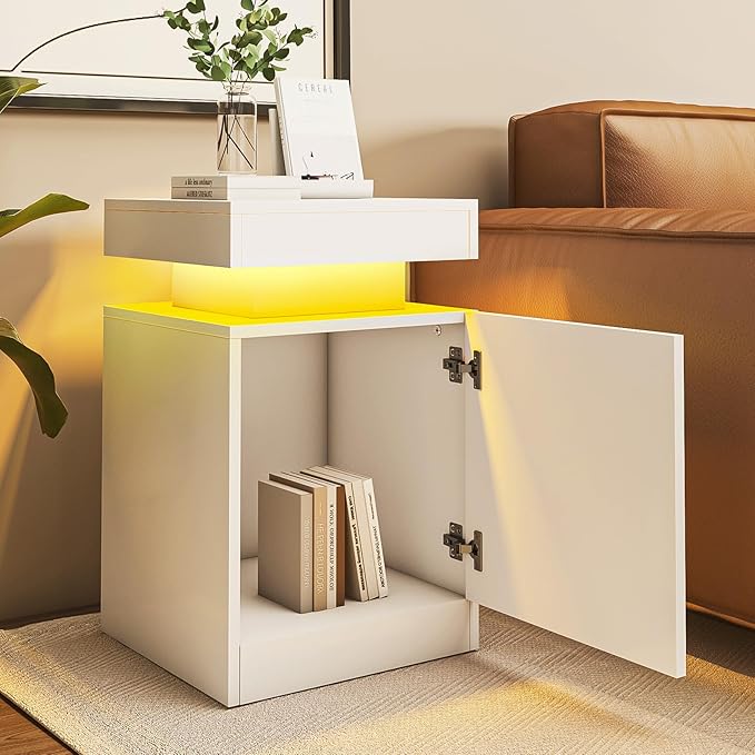 MXV Nightstand Set of 2 with LED Lights,Night Stand with Storage Cabinet for Bedroom,Bedside Table with LED (White, 17.7IN)