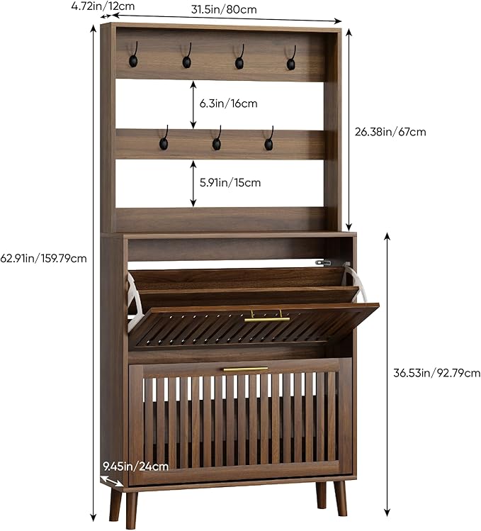 Upgraded 62.99“ Tall Shoe Cabinet with Rack and 7 Hooks, Flip-Down Slatted Drawer Shoe Storage & Coat Rack, Narrow Entryway Shoe Organizer, Walnut