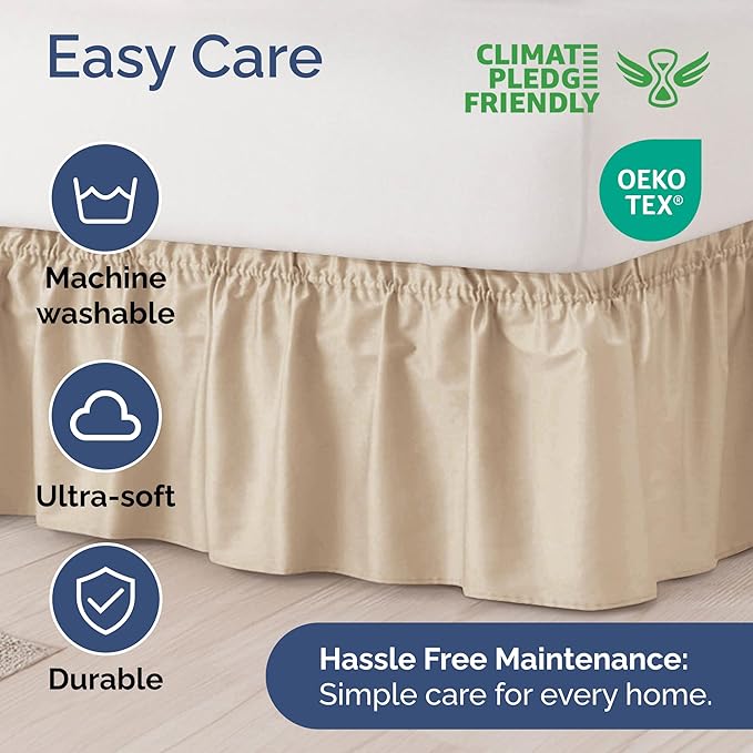 Wrap Around Dust Ruffle Bed Skirt - Cream - for Full Size Beds with 21 Inch Drop - Easy Fit Elastic Strap - Adjustable Pleated Bedskirt w/Brushed Fabric - Wrinkle Free - for Women, Men, Kids & Teens