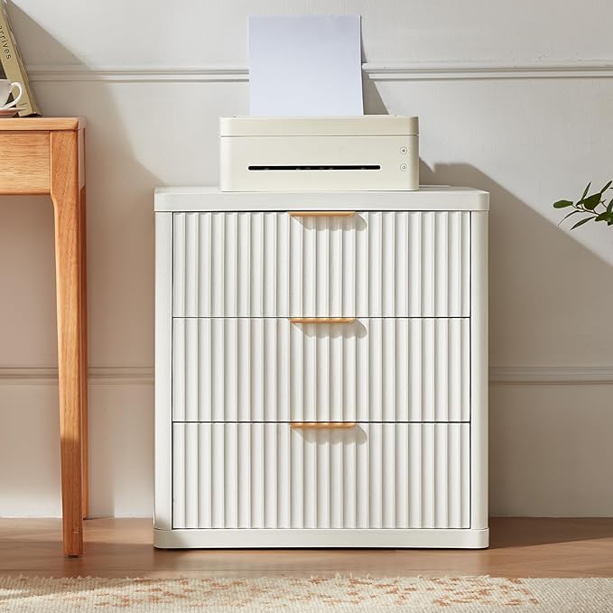 LEYAOYAO 23" Wide Fluted Night Stand with Charging Station,3 Drawers Large End Table with Storage,White Nightstand Wood Bedside Tables, Farmhouse Cabinet Dresser for Bedroom,Closet