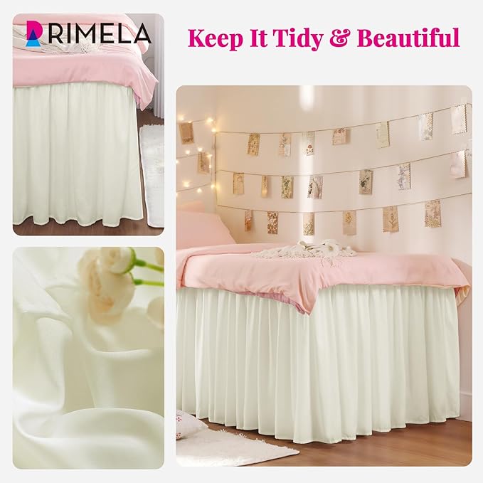 RIMELA Ivory White Dorm Bed Skirt Twin XL 32 Inch Drop, Easy to Install Extra Long Wrap Around Elastic Dust Ruffle, Bedskirt Silky Fabric Machine Washable (Twin XL 80“L x 39”W & Twin 75“L x 39”W)