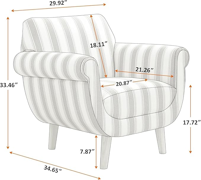VANOMi Mid-Century Accent Chair with Stripe Pattern, Modern Linen Fabric Armchair with Wood Legs, Club Chair for Living Room, Comfy Upholstered Side Chairs for Bedroom, Reading, Small Place (Grey)