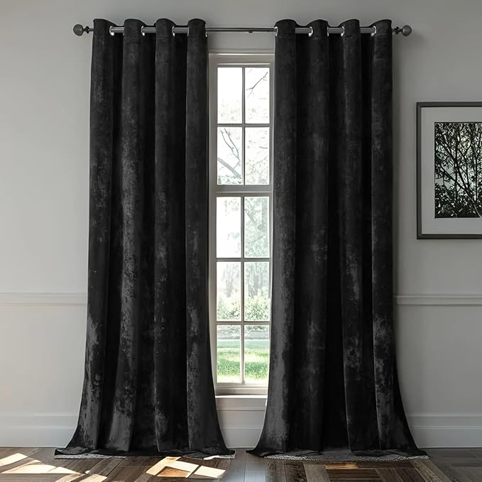 SMILETIME Black Crushed Velvet Curtains 52x90 inch Luxurious Thermal Insulated Soundproof Drapes for Living Room Bedroom Office Soft and Durable Light-Filtering Window Treatments, 2 Panels