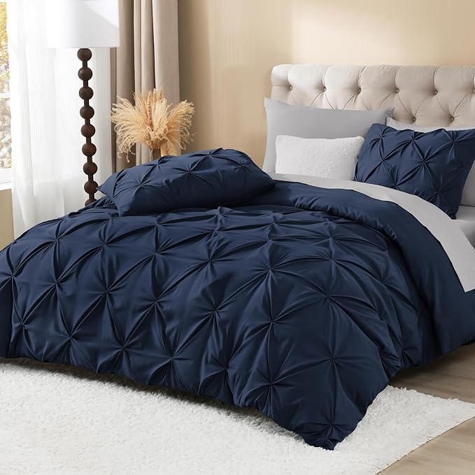 Litanika Navy Blue California King Pinch Pleat Duvet Cover, 3 Pieces Pintuck Cover Soft Microfiber Bedding Set with Zipper Closure & Corner Ties(1 Duvet Cover, 2 Pillowcases)