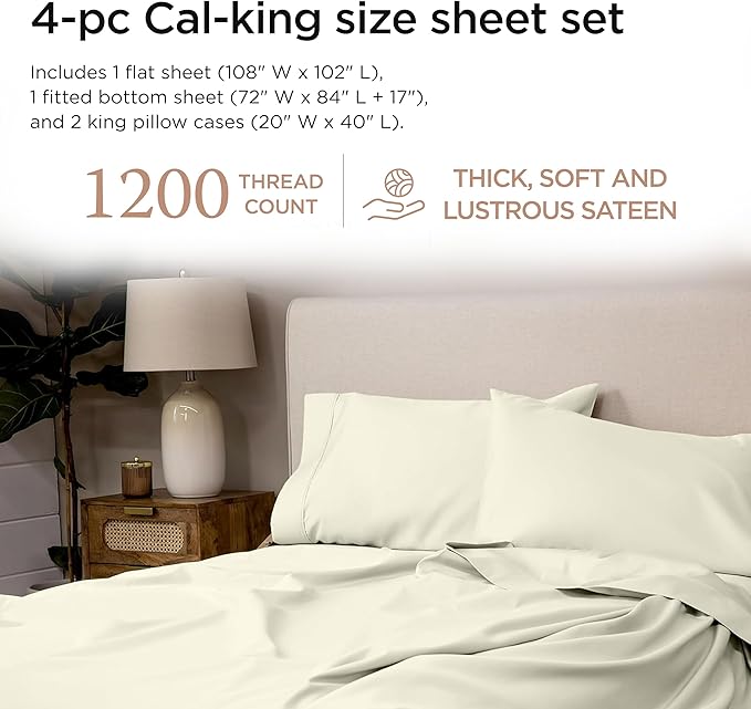 Threadmill 100% Supima Cotton Sheets, 1200 Thread Count Cotton for Cal King Size Bed, 4 Pc Ivory Cal King Bed Sheets Set, 5-Star Hotel Quality with Elasticized Deep Pocket King Sheets