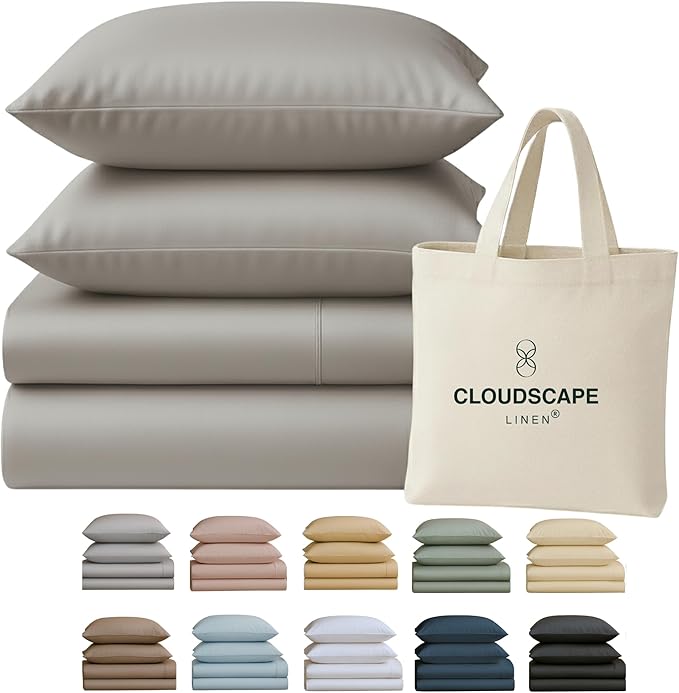 Cloud Scape Linen 100% Egyptian Cotton California King Sheet Set, 400 Thread Count,4 Pieces Luxury Bedding Set, Hotel Quality, Silky Soft, Breathable and Durable, Deep Pockets up to 17, Light Grey