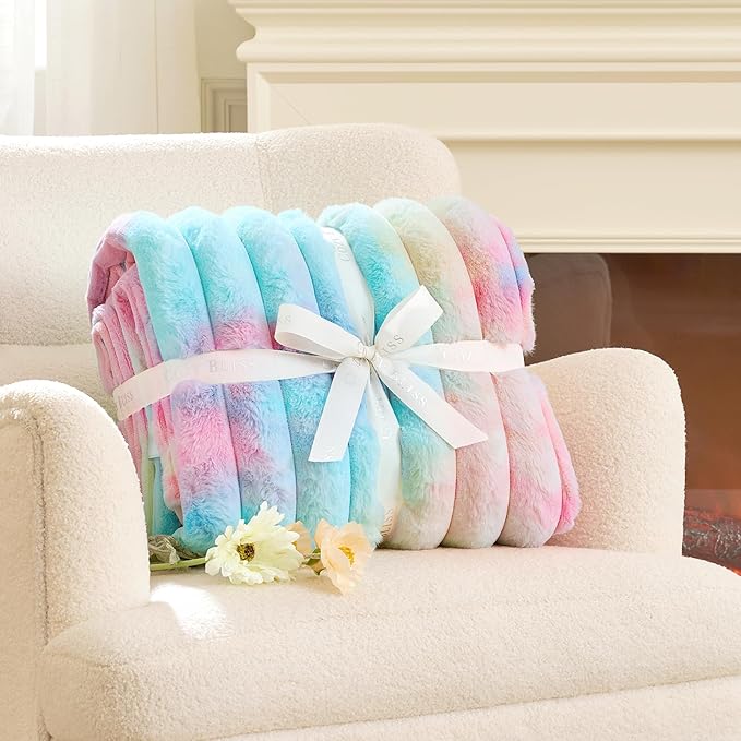 Cozy Bliss Faux Fur Throw Blanket for Couch, Cozy Warm Plush Striped Blanket for Sofa Bedroom Living Room, 90 * 90 InchesTie-dye Rainbow