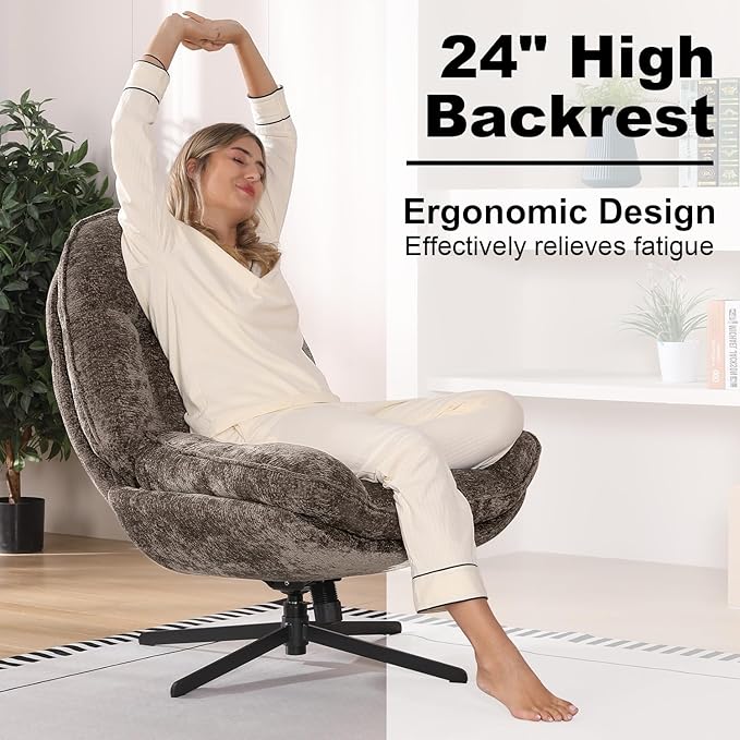 360°Free Swivel Accent Chair Set of 2 for Living Room, Slightly 20°Rocking, 24" High Backrest Upholstered Armchair, Ergonomic Design, Chenille Breathable Soft Fabric Modern Single Sofa, Brown