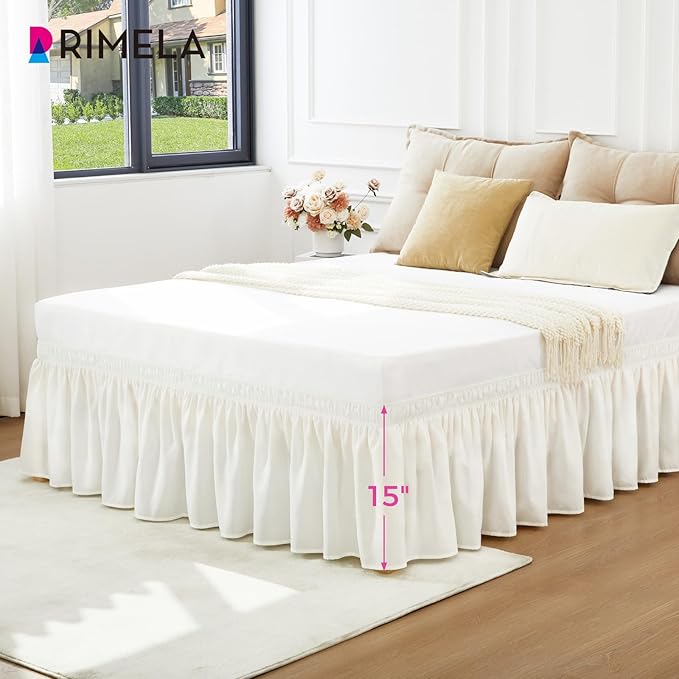 RIMELA Warm White Bed Skirt King Size 12 Inch Drop, Wrap Around Elastic Adjustable Bedskirt, Bed skirting Dust Ruffle for Bed Frame & Box Spring Soft Durable Fabric Machine Washable Easy to Install