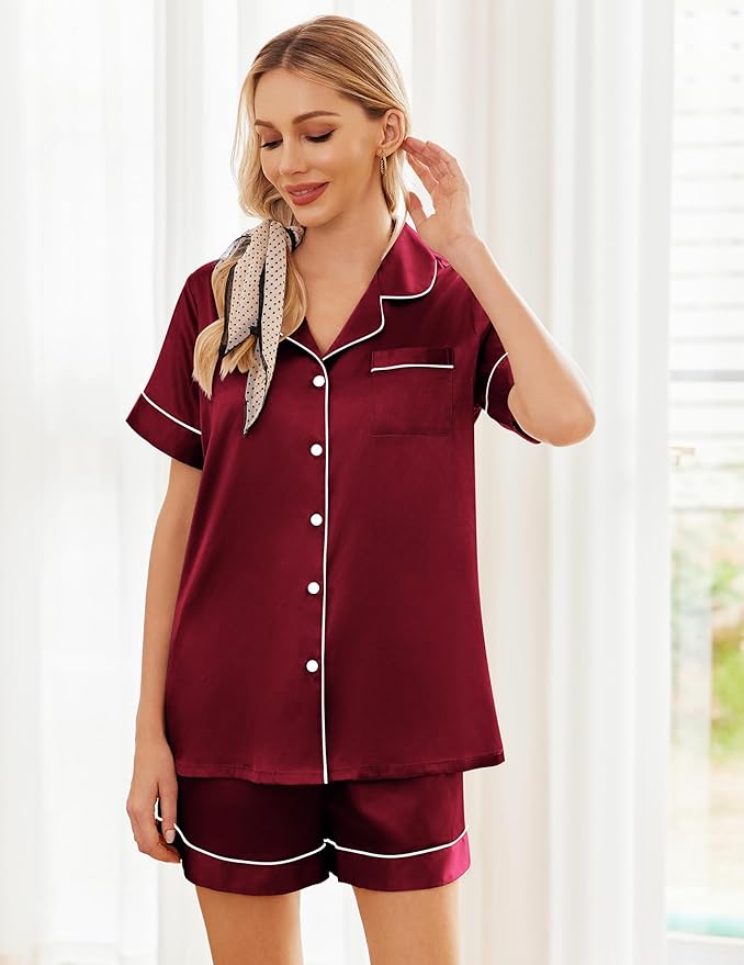 Ekouaer Pajamas for Women Set Silk Satin Pjs Shorts Sleepwear 2 Piece Loungewear S-XXL