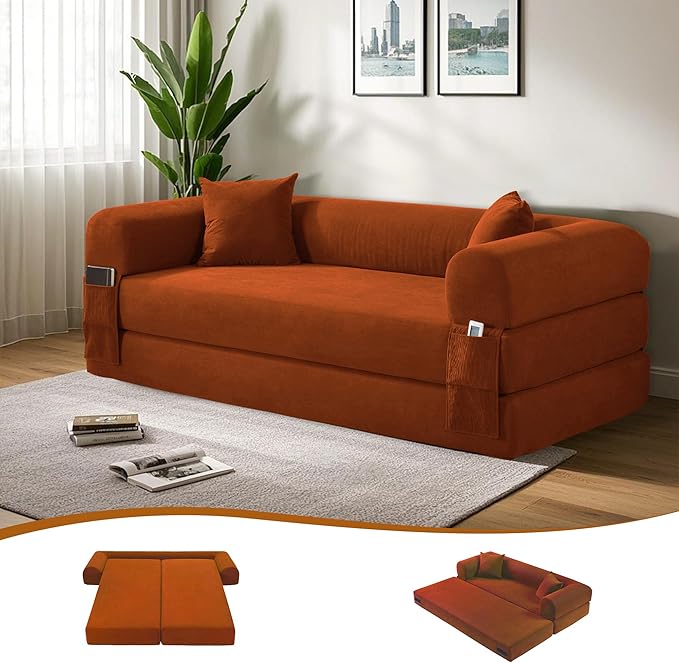 80" Convertible Sofa Bed, 3-in-1 Corduroy Folding Pull Out Couch with Pillows, No Assembly Modern Boneless Couch Compression Sofa in Box, Floor Sofa with Side Storage Pocket for Living Room, Orange