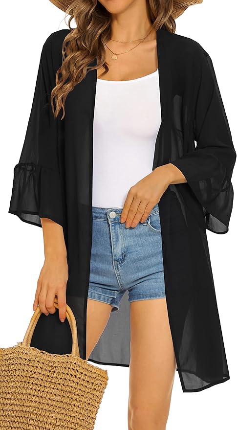 CHICGAL Womens Kimono for Summer Puff Sleeve Cardigan Casual Loose Fit Beach Cover Ups Resorts Swimwear