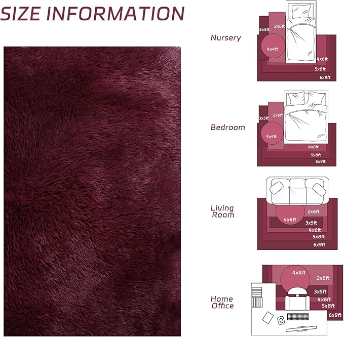 duduta Burgundy Plush Area Rugs for Bedroom 5x8 ft, Fluffy Carpet for Living Room Kids Room, Large Shag Dorm Rug, Washable Non Slip
