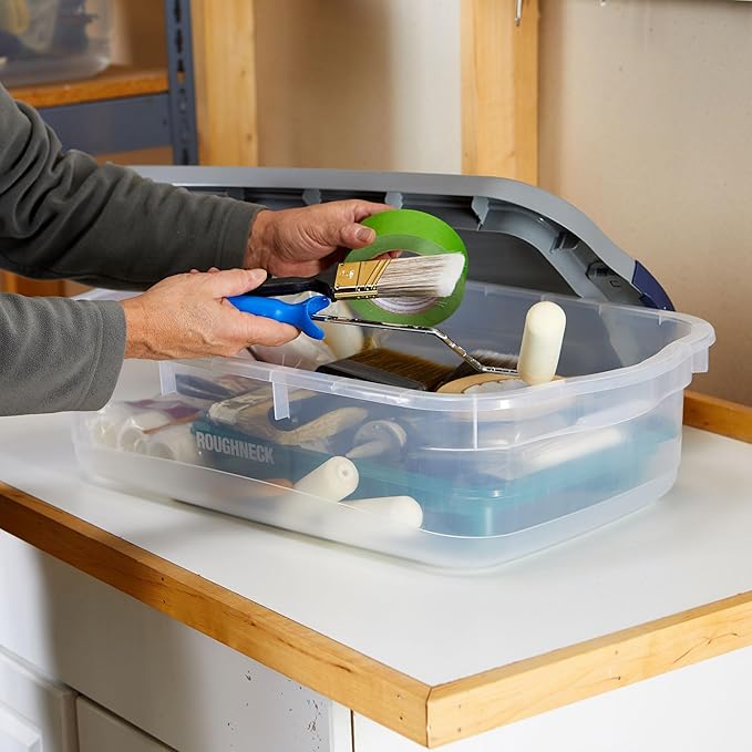 Rubbermaid Roughneck Clear 31 Qt/ 7.75 Gal Storage Containers, Pack of 6 with Snap-Fit Grey Lids, Visible Base, Sturdy and Stackable, Great for Storage and Organization