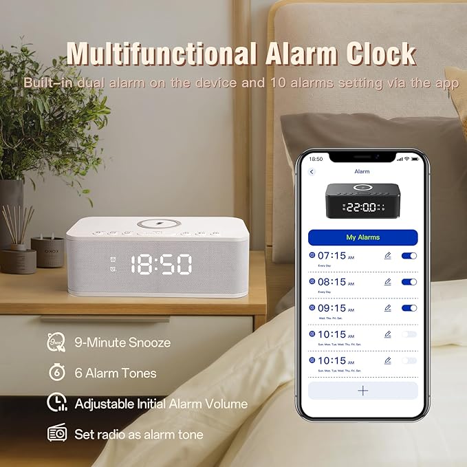 Dual Alarm Clock Radio Bedroom, Digital Alarm Clocks Bedrooms Bluetooth, Up to 10 Bedroom Alarms Clock White Noise 23 Soothing Sounds App/Button Control Snooze 12/24H FM Speaker Charging, White