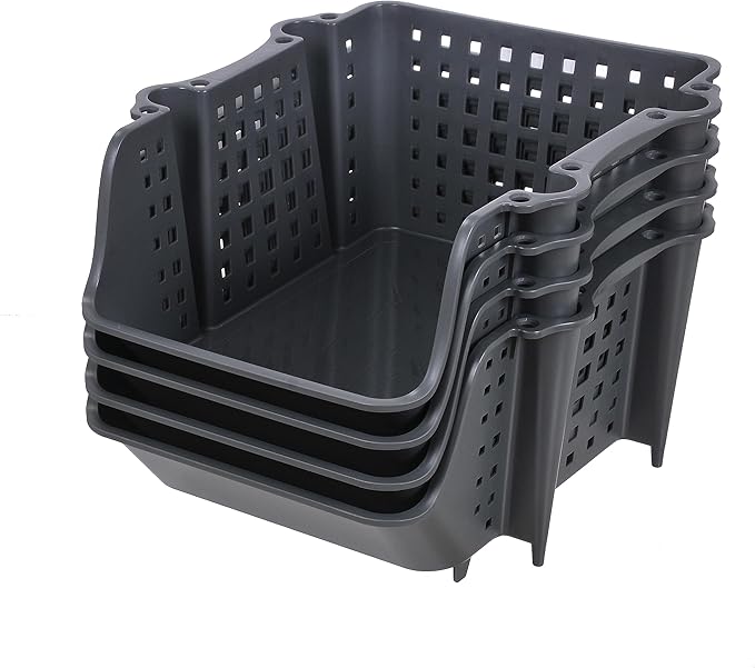 Skywin TidyFriend Plastic Stackable Storage Bins, 4 Pack Extra Large Open Front Bins for Toy, Pantry, Kitchen, and Bathroom Organization (Dark Grey)