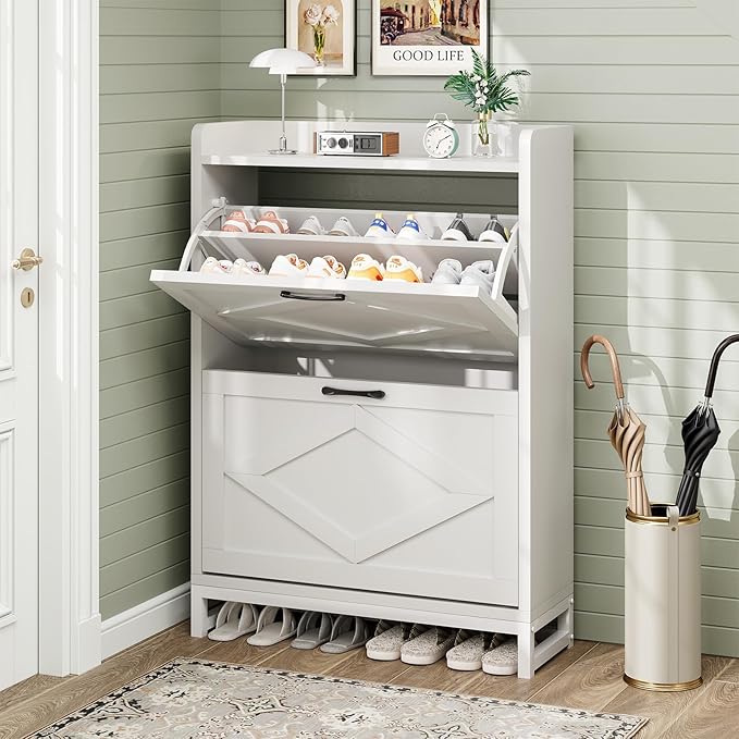 Shoe Cabinet, Shoe Storage Cabinet with 2 Flip Drawers & Adjustable Shelf, Space-Saving Shoe Organizer – Holds 12+ Pairs, Narrow Shoe Cabinet Storage for Entryway/Hallway（White）