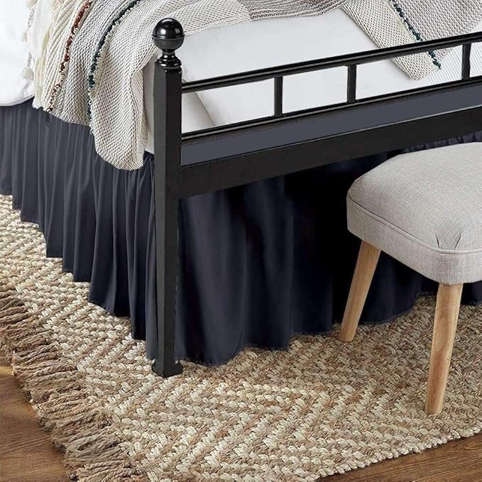 Dark Grey Solid Ruffled Bed Skirt Short Queen-10 Inch Drop Split Corner, Microfiber Bedskirt with Platform Three Sided Coverage