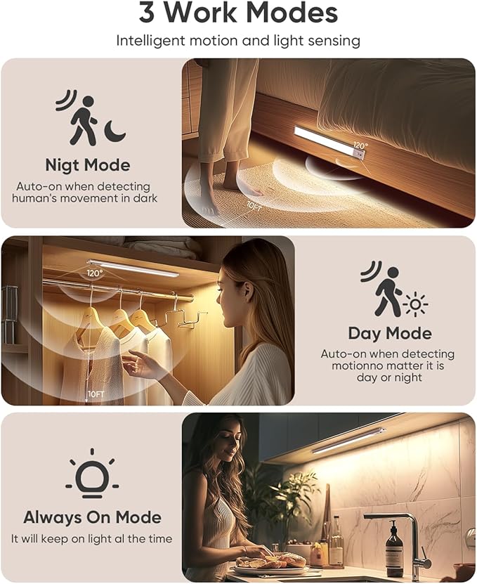 Under Cabinet Lighting Wireless, 2200mAh Rechargeable Battery Operated Motion Sensor Light Indoor, 3 Color Temps Under Counter Light, Dimmable Wireless Closet Lights w/Remote for Kitchen,Pantry,4 Pack