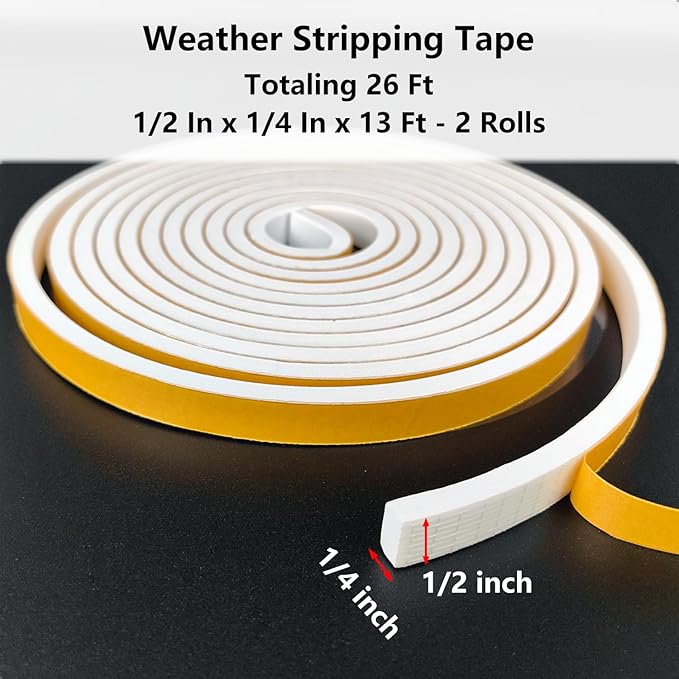 Weather Stripping Door Seal Strip, Strong Adhesive, Weatherproof, Reduce Noise, Gap Filler, Foam Insulation Tape for Doors and Windows (1/2 in x 1/4 in x 26 Ft), White