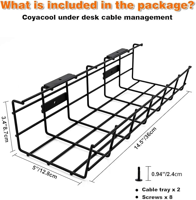 Under Desk Cable Management- 4 Pack Cord Organizer. Metal Wire Cable Management Tray for Office, Studio and Home. Super Sturdy Under Table Cable Managements - Black Cable Organizer