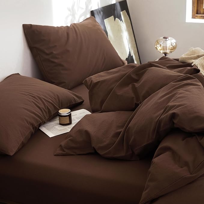 FOSSA Duvet Cover Set 100% Washed Cotton Linen Feel Super Soft Breathable Cozy Simple Style 3 Pieces Bedding Sets Solid Cocoa Brown Super King Plus