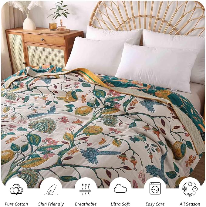 Qidordour Boho Throw Blanket, 60"x80" Muslin Blankets, 100% Organic Cotton Blanket for Couch Sofa, Lightweight Quilt, All Season Bed Throw, Farmhouse Home Decor, B-Hummingbird Fruit