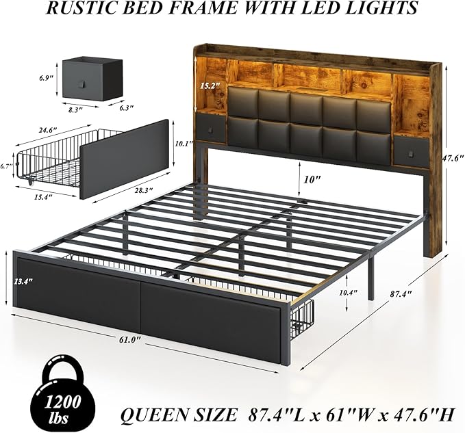 LED Bed Frame Queen Size with 2 Hidden Storage Drawers & Bookcase, PU Leather Headboard, Upholstered Platform Bed with Charging Station, Metal Slats Support, Noise Free, No Box Spring Needed
