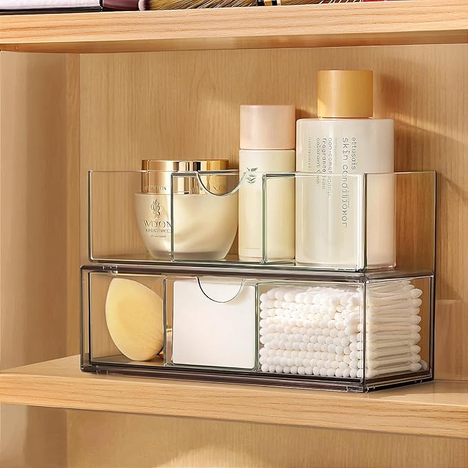 Medicine Cabinet Organizer 2 Pack, Stackable Storage Drawers with Removable Divider, Make Up Organizer for Bathroom Mirror Cabinets, Vanity, Closet, Countertop - Clear