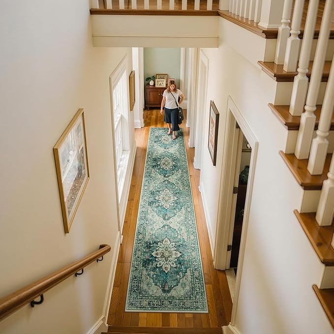 Area Rugs 2'x10' Washable Non-Slip, Floral Vintage Distress Print Pattern Medallion Carpet for Living Room Bedroom Dining Room, Dark Blue Vintage
