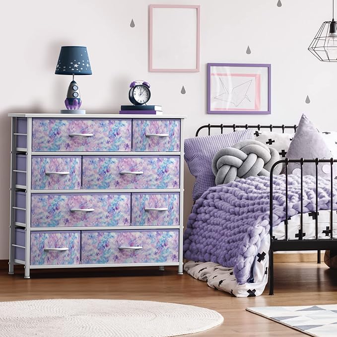 Sorbus Dresser with 8 Drawers - Furniture Storage Chest for Kid’s, Teens, Bedroom, Nursery, Playroom, Clothes, Toys - Steel Frame, Wood Top, Fabric Bins (Tie-dye Purple)