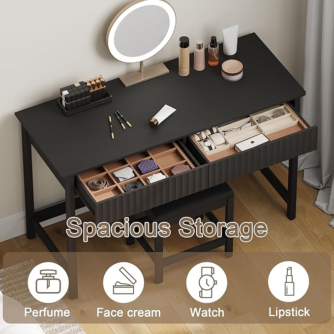 ChooChoo 47.2 Inch Modern Desk with Drawers, Makeup Vanity Desk with Padded Stool, Writing Computer Desk for Home Office & Bedroom, Black