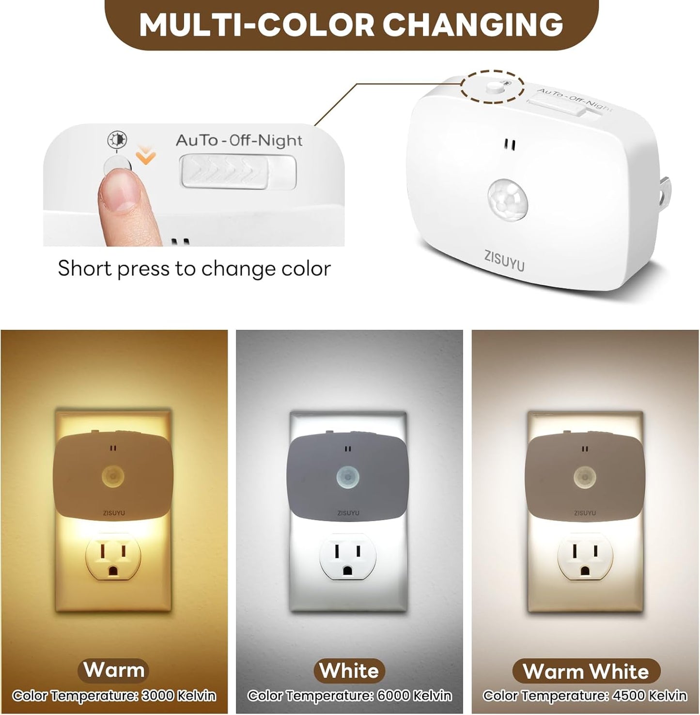 ZISUYU Plug-in LED Backlit Night Light with Motion Sensor & Dusk to Dawn Sensor, 10-60lm Dimmable Nightlight with Multi-Mode & Color-Changing, Ideal for Bedroom, Bathroom, Stairs, Hallway (6 Pack)