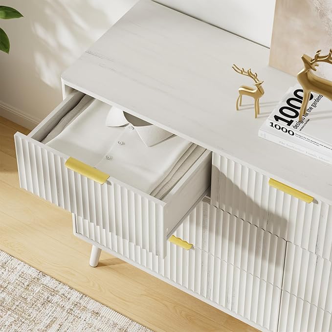 LYNSOM 55" Wide Fluted Dresser for Bedroom with 7 Drawer, Modern Chest of Drawers with Curved Profile Design and Metal Handles, Wood Dresser TV Stand & Storage Organizer for Living Room, White