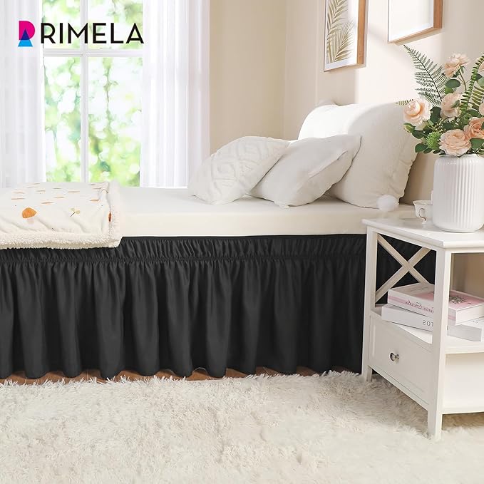 RIMELA Black Bed Skirt Twin Size 15 Inch Drop, Elastic Bed Skirting for Bed Base and Frame, Bedding Dust Ruffle Easy to Install, Lightweight Wrap Around Adjustable Bedskirt