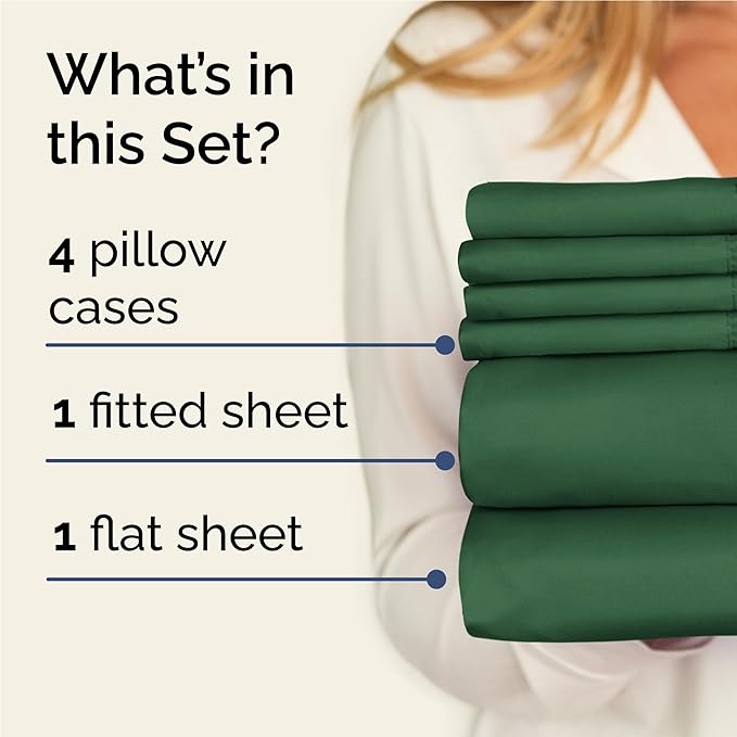 Full 6 Piece Sheet Set - Cooling, Comfy & Breathable - Hotel Luxury Bedding, Includes Fitted Sheet for Women, Men, Kids and Teens - 1 Flat, 1 Fitted Sheet, 4 Pillowcases with Deep Pockets - Emerald