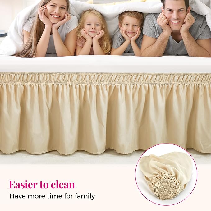 RIMELA Oatmeal Bed Skirt Queen Size 18 Inch Drop, Elastic Bed Skirting for Bed Base and Frame, Bedding Dust Ruffle Easy to Install, Lightweight Wrap Around Adjustable Bedskirt