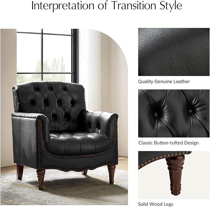 HULALA HOME Mid Century Modern Leather Club Chairs Set of 2, Top-Grain Genuine Leather Armchairs with Button-Tufted Back & Solid Wood Legs, Accent Chairs for Living Room/Bedroom/Home Office, Black