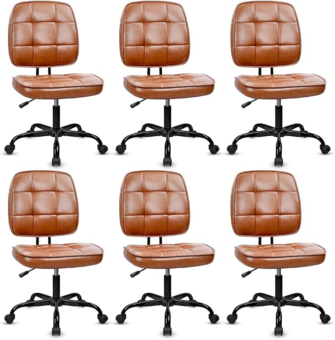 CLATINA Armless Home Office Chair with Lumbar Support and Wheels, Small PU Leather Ergonomic Low Back Desk Chairs No Arms, Adjustable Height 360° Swivel Rolling Computer Task Chair, Brown, 6 Pack