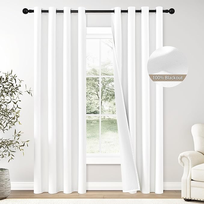 ChrisDowa 100% Blackout Pure White Solid Curtains 84 Inches Long 2 Panels for Bedroom Living Room,Farmhouse Room Darkening Thermal Insulated Soundproof Grommet Top Window Treatment Drapes,52x84