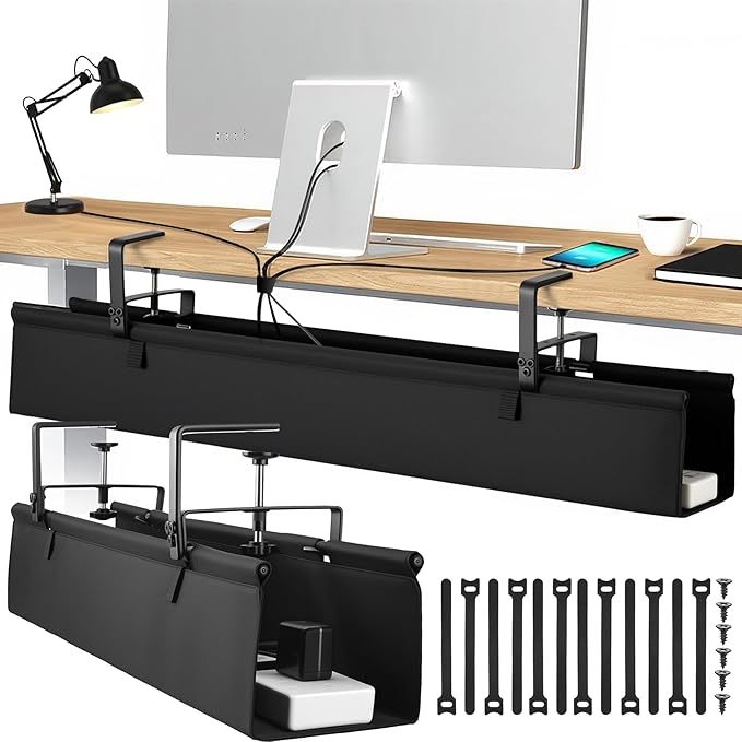 Desk Cable Management Tray, Fabric Cable Organizer, No Drill Large Clamp/Screw Mount Wire Organizer-Support Up to 30lbs, Standing Desk Cable Management for Office Home (Black,28 Inch)