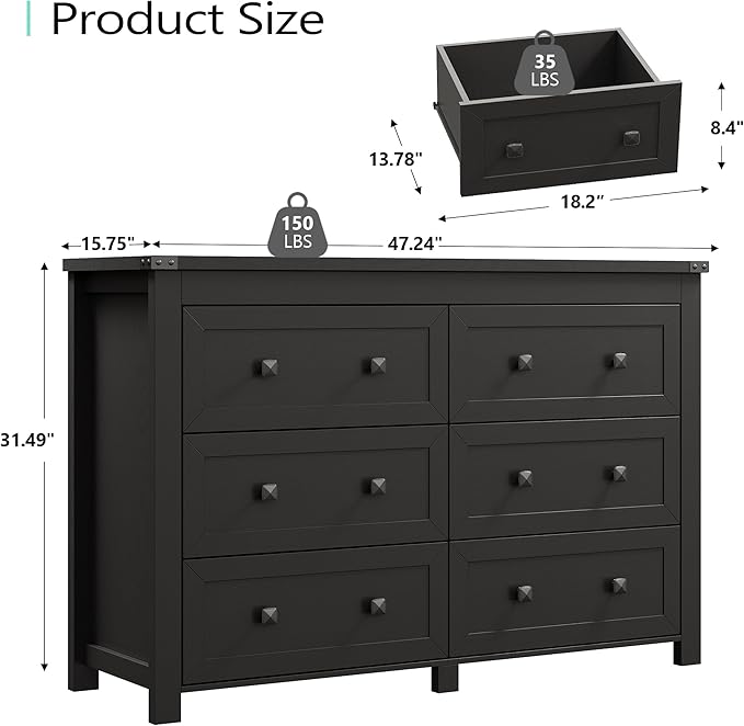 Dresser for Bedroom with 6 Drawers, Farmhouse Wood Chest of Drawers, Wide TV Stand Closet Storage Furniture with Metal Handle, Modern Clothes Organizer for Hallway, Living Room, Entryway, Black
