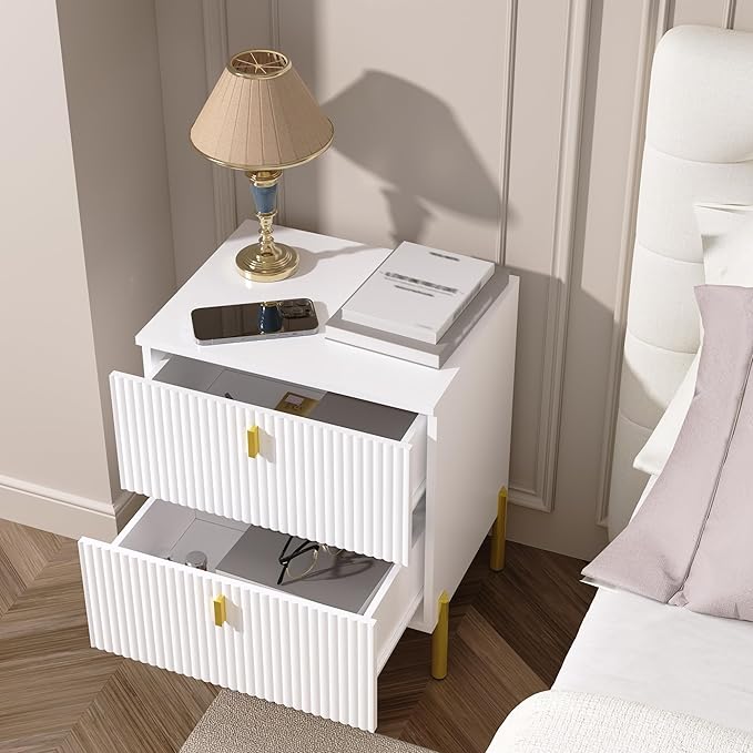 Luxury Fluted Night Stand, Nightstand with 2 Drawers, Modern Bedside Table with Golden Legs and Handles, End Tables for Living Room Bedroom, White