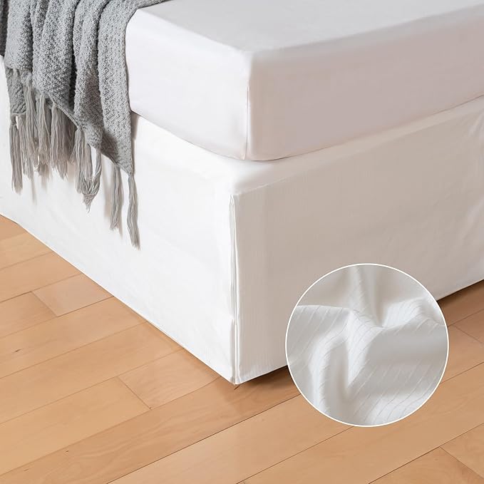 Queen Bed Skirt, Grid Plaid Soft Quadruple Pleated Ruffle Bed Skirt, Tailored Dust Ruffle 14 Inch Drop Easy Fit, Machine Washable (White)