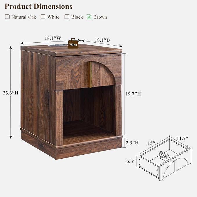 ACCOHOHO Modern Night Stand Set 2 with Arched Panel,18" Wooden nightstand with Charging Station,Bedside Table with Drawer Storage,Side End Table with Open Shelf for Bedroom、Living Room,Brown