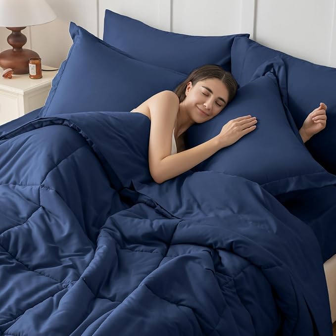 JOLLYVOGUE California King Comforter Set, Ultra-Soft Bed in a Bag Cal King Size 7 Pieces, Oeko-TEX Certified Bedding Set with Down Alternative Comforter, Sheets, Pillowcases & Shams, Navy