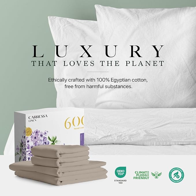 Carressa Linen 100% Egyptian Cotton King Size Sheets Set - 600 Thread Count Egyptian Cotton Queen Sheets King Size (4 PC, Taupe), Soft, Cooling, 16" Deep Pocket Sateen Weave Luxury Bed Sheet Set