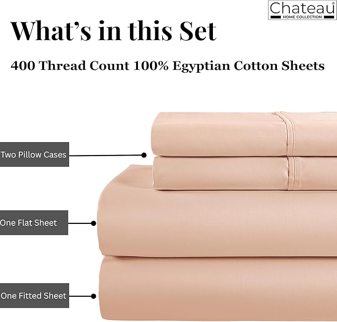 100% Egyptian Cotton Queen Size Bed Sheets, 400 Thread Count 15" Deep Pocket Queen Sheet Set, Sateen Weave Naturally Cool Soft Breathable Elasticated Luxury Bedding For All Seasons- Blush
